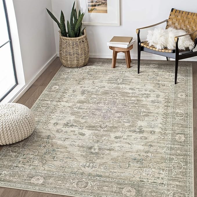 Washable Area Rugs for Living Room - 5x7 Neutral Vintage Distressed Floral Farmhouse Boho Large Soft Floor Rug Indoor Non Slip Carpet for Living Room Bedroom Dining Room Office - Brown/Tan-HomvellaHome