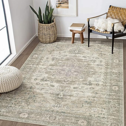 Washable Area Rugs for Living Room - 5x7 Neutral Vintage Distressed Floral Farmhouse Boho Large Soft Floor Rug Indoor Non Slip Carpet for Living Room Bedroom Dining Room Office - Brown/Tan-HomvellaHome