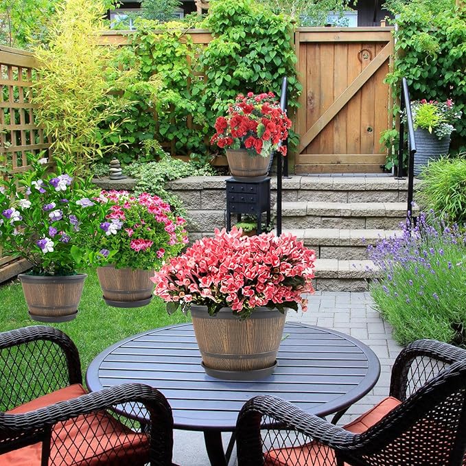 10-inch-Plant-Pots-Indoor-Outdoor, 4 Pack Whiskey Barrel Planters with Drainage Holes & Saucer, Plastic Flower Pots Imitation Wine Barrel Design, Decorative Garden Pots for Plants-HomvellaHome