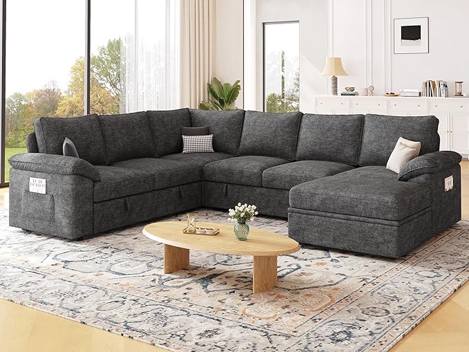 108 Inch Sectional Sleeper Sofa with Pull Out Bed,U Shaped 7 Seat Modular Sectional Sofa with Storage,Sectional Couches for Living Room,Cloud Modular Couch,Removable Sofa Cover,Dark Grey-HomvellaHome