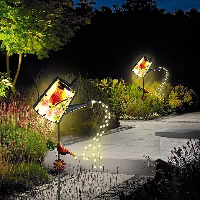 Garden Solar Lights Outdoor, Metal Watering Can Garden Stake Lights Cardinal Bird Decor Glass Art for Walkway, Pathway, Yard, Lawn-HomvellaHome