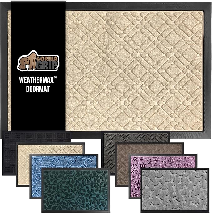 GORILLA GRIP 100% Waterproof All-Season WeatherMax Doormat 35x23, US Designed Natural Rubber, Stain and Fade Resistant, Low Profile Indoor Outdoor Door Mats, Easy Clean Patio Mat, Modern Latte-HomvellaHome