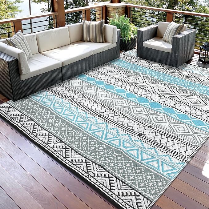 GAOMON Outdoor Rug 9'x12' Waterproof Rug for Patio Decor, Foldable Reversible Plastic Straw Area Rugs Mat for Camper, Outside Carpet for Deck, Porch, Picnic, Beach, Blue/Grey(Bohemia)-HomvellaHome