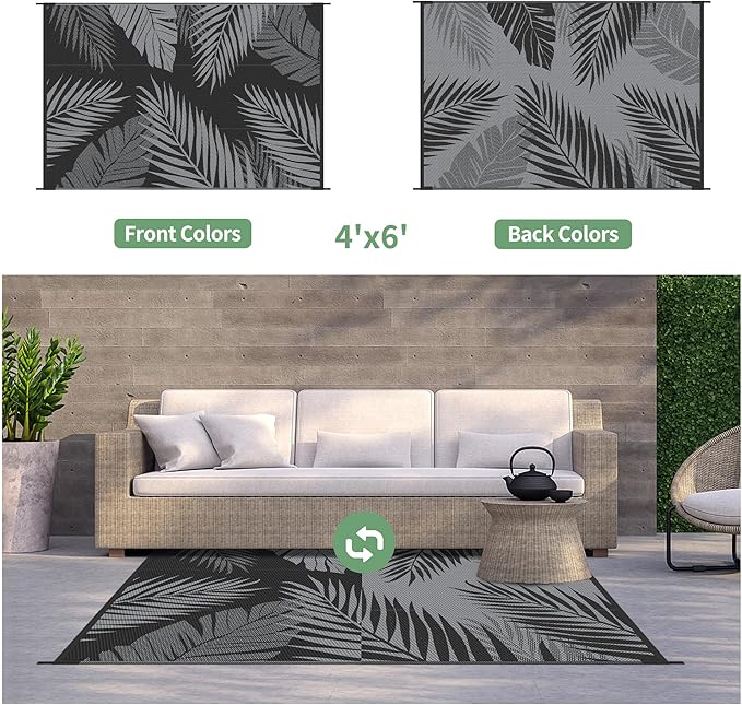 GENIMO Outdoor Rug 4' x 6' Waterproof for Patios Clearance, Reversible Outdoor Plastic Straw Camping Rug Carpet, Large Area Rugs Mats for RV, Camper, Deck, Balcony, Porch, Beach, Picnic, Black&Grey-HomvellaHome