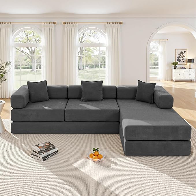 108" Oversized Convertible Sleeper Sofa Bed, Corduroy L Shape Sectional Couch, Folding Sofa Bed with Side Pocket, Modern Cloud Floor Mattress Couch, Modular Sofa for Living Room, Grey-HomvellaHome