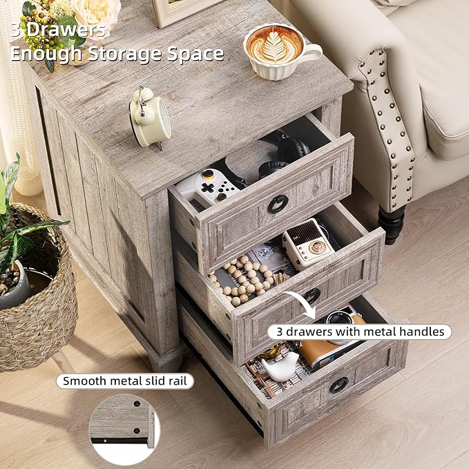 18" Farmhouse Night Stand with 3 Drawers, Wood End Table Dresser for Bedroom, Retro Oak Nightstand, Bed Side Table with Metal Handle, Bedside Cabinet for Bedroom Living Room, Closet-HomvellaHome