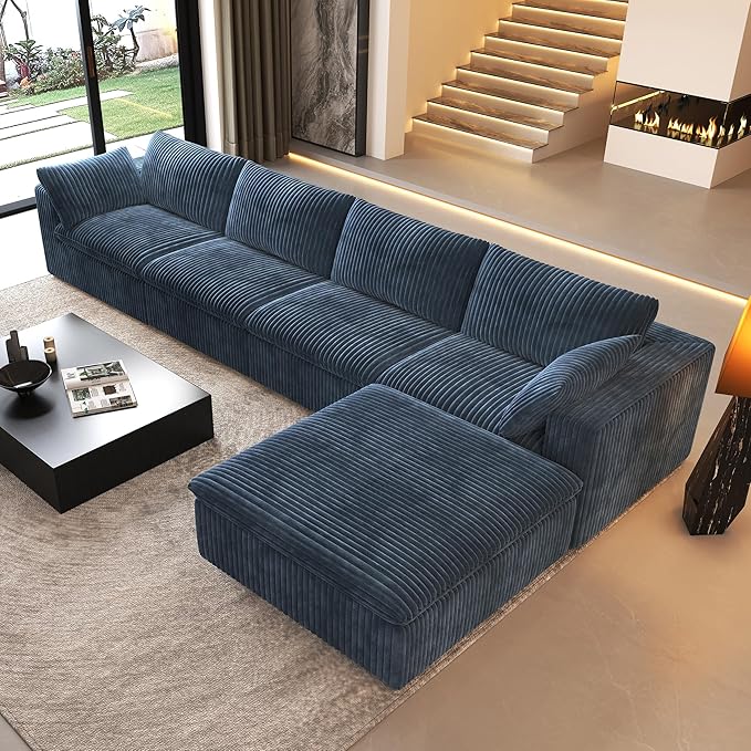 157.5" L Shaped Modern Sofa Modular Sectional Cloud Couch with Ottoman,Deep Seat Upholstered Couches with Corduroy Fabric for Living Room Furniture,Bedroom and Apartment,No Assembly Required,Blue-HomvellaHome
