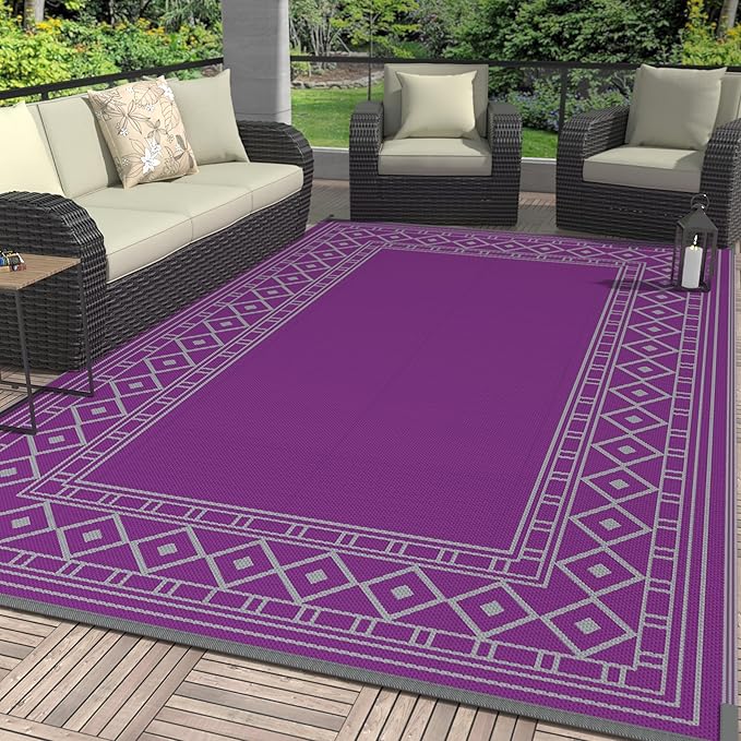GENIMO Outdoor Rug Waterproof 6'x9' for Patio, Foldable Reversible Plastic Straw Carpet for Travel Trailers, Outside Area Mat for Rv, Deck, Picnic, Porch, Camper, Balcony, Beach, Purple & Grey-HomvellaHome