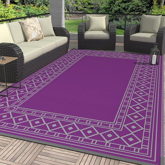 GENIMO Outdoor Rug Waterproof 6'x9' for Patio, Foldable Reversible Plastic Straw Carpet for Travel Trailers, Outside Area Mat for Rv, Deck, Picnic, Porch, Camper, Balcony, Beach, Purple & Grey-HomvellaHome