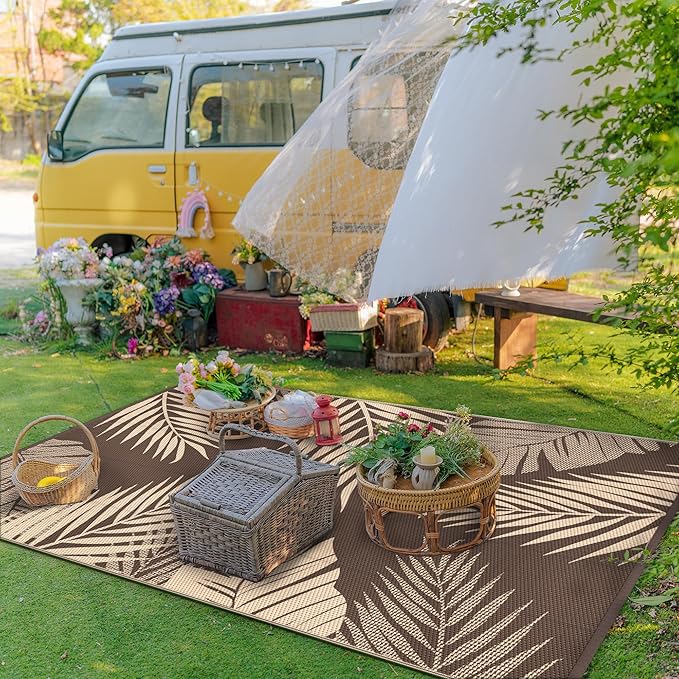 GENIMO Outdoor Rug 8' x 10' Waterproof for Patios Clearance, Reversible Outdoor Plastic Straw Camping Rug Carpet, Large Area Rugs Mats for RV, Camper, Deck, Balcony, Porch, Beach, Picnic, Coffee&Beige-HomvellaHome