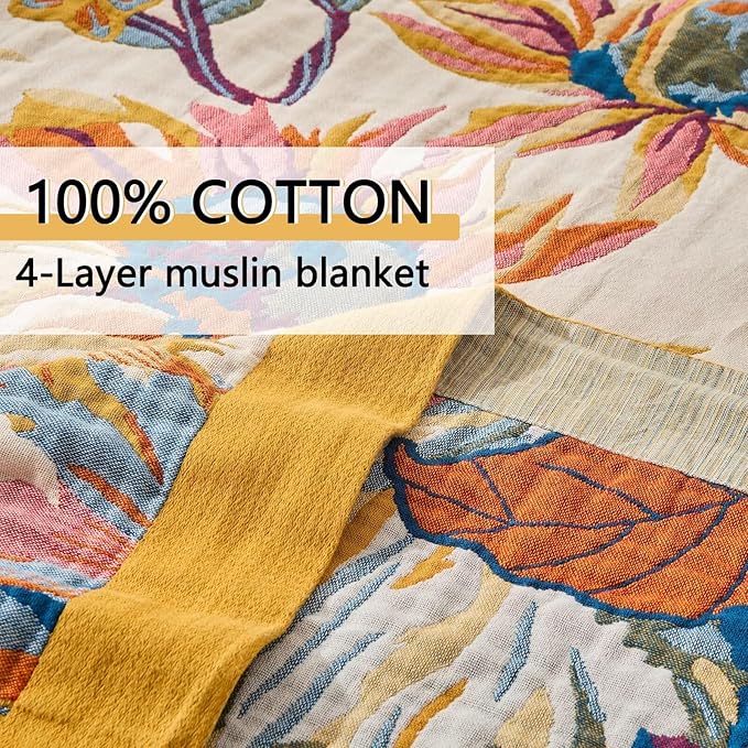 100% Muslin Throw Blanket for Couch, Butterfly and Floral Double Embroidery Summer Throw Blanket 60"x80" for Bed, Chair, Woven Cotton Reversible Mexican Blanket-HomvellaHome