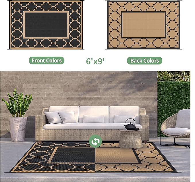 GENIMO 6' x 9' Outdoor Rug Waterproof for Patio Decor, Foldable Reversible Plastic Straw Area Rugs Mat for Camper, Outside Carpet for Rv, Deck, Porch, Picnic, Beach, Balcony, Black & Brown-HomvellaHome