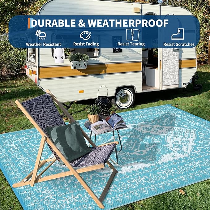 GAOMON Outdoor Rug Waterproof 9x18 Reversible Plastic Straw Rug, Large Rugs for Patio UV-Resistant Portable RV Camping Mats, Indoor Outdoor Medallion Carpet for Deck Porch Garden, Light Blue-HomvellaHome