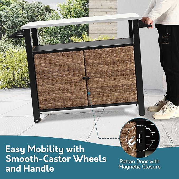 Grill Cart Outdoor with Wheels, Outdoor Prep Table with Wicker Storage and Rolling Wheels, Kitchen Island Serving Cart with Stainless Steel Table Top for BBQ, Porch, Patio, Brown-HomvellaHome