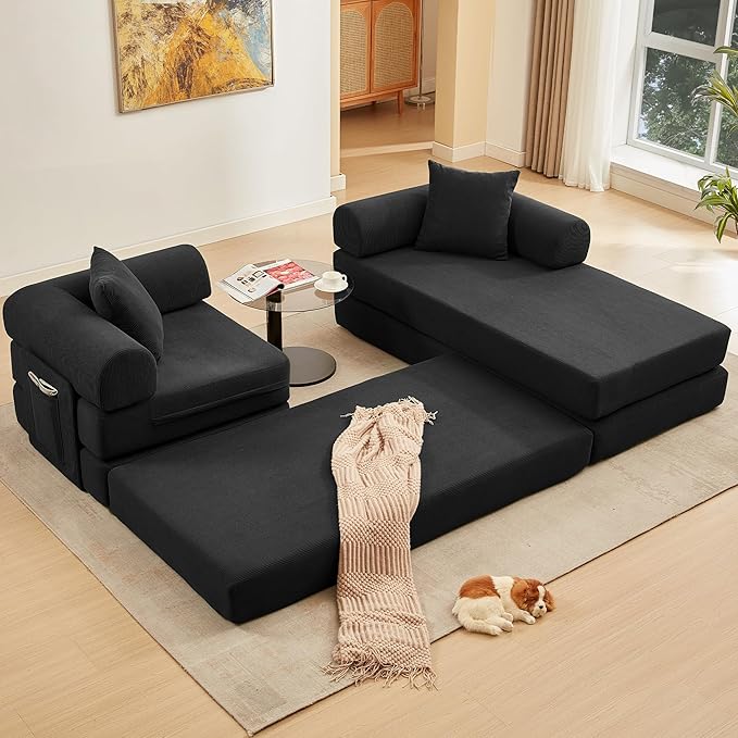 107" Oversized Convertible Sleeper Sofa Bed, Corduroy L Shape Sectional Couch, Folding Sofa Bed with Side Pocket, Modern Cloud Floor Mattress Couch, Modular Sofa for Living Room, Black-HomvellaHome