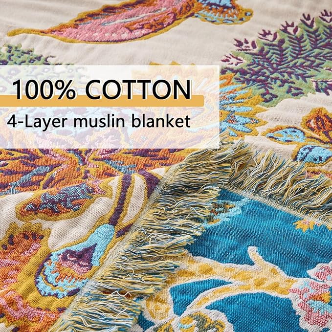 100% Cotton Summer Boho Throw Blanket, King Size Living Room Reversible Blanket, Boho Floral Bird Colorful Retro Quilt Ultra Soft Reversible Gauze Blanket for All Season, 90"x98"-HomvellaHome