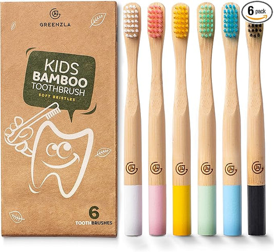 GREENZLA Kids Bamboo Toothbrushes, Natural Toothbrush Set, Soft Bristles, Durable Charcoal Wooden Brushes, Compostable Design for Toddlers and Children, 6 Pack-HomvellaHome