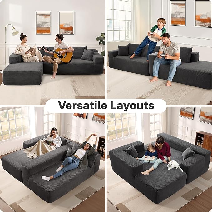 104" Cloud Sectional Couches for Living Room,L Shaped Boneless Couch in A Box,Sleeper Sofa with Comfy Chaise No Assembly Required,Grey-HomvellaHome
