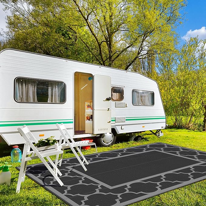 GENIMO 10 ' x 14 ' Outdoor Rug Waterproof for Patio Decor, Foldable Reversible Plastic Straw Area Rugs Mat for Camper, Outside Carpet for Rv, Deck, Porch, Picnic, Beach, Balcony, Black & Grey-HomvellaHome
