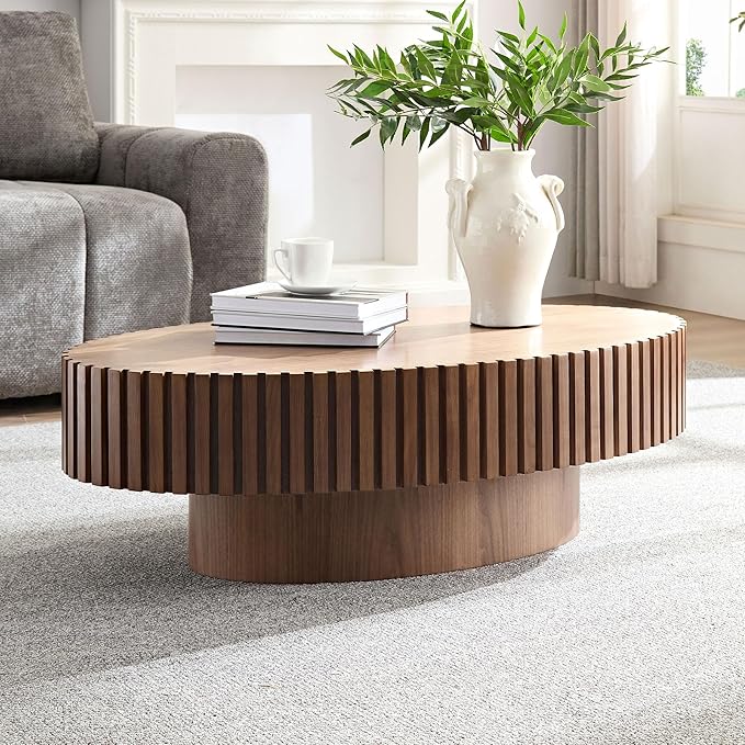 Oval Coffee Table for Living Room, Modern Fluted Coffee Tables with Pedestal Base, Handcrafted Centre Tea Tables Easy Assembly-43.7" Walnut-HomvellaHome