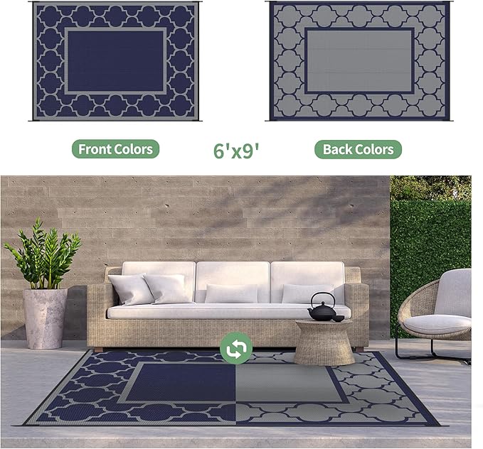 GENIMO 6' x 9' Outdoor Rug Waterproof for Patio Decor, Foldable Reversible Plastic Straw Area Rugs Mat for Camper, Outside Carpet for Rv, Deck, Porch, Picnic, Beach, Balcony, Blue & Grey-HomvellaHome