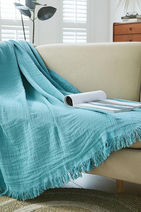 100% Cotton Muslin Throw Blanket for Bed, Couch, Small, Decorative, Soft, Pre-Washed, Breathable and Lightweight Gauze Blanket with Fringes, Suitable for All Seasons, Teal, 50"x60"-HomvellaHome