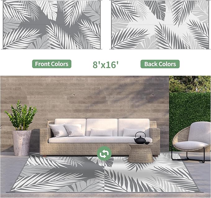 GENIMO Outdoor Rug 8' x 16' Waterproof for Patios Clearance, Reversible Outdoor Plastic Straw Camping Rug Carpet, Large Area Rugs Mats for RV, Camper, Deck, Balcony, Porch, Beach, Picnic, Grey&White-HomvellaHome