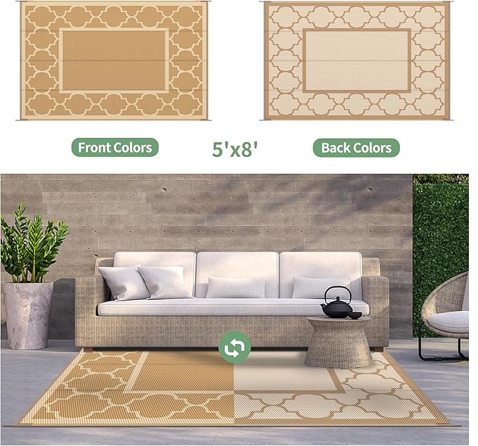 GENIMO 5' x 8' Outdoor Rug Waterproof for Patio Decor, Foldable Reversible Plastic Straw Area Rugs Mat for Camper, Outside Carpet for Rv, Deck, Porch, Picnic, Beach, Balcony, Brown & Beige-HomvellaHome