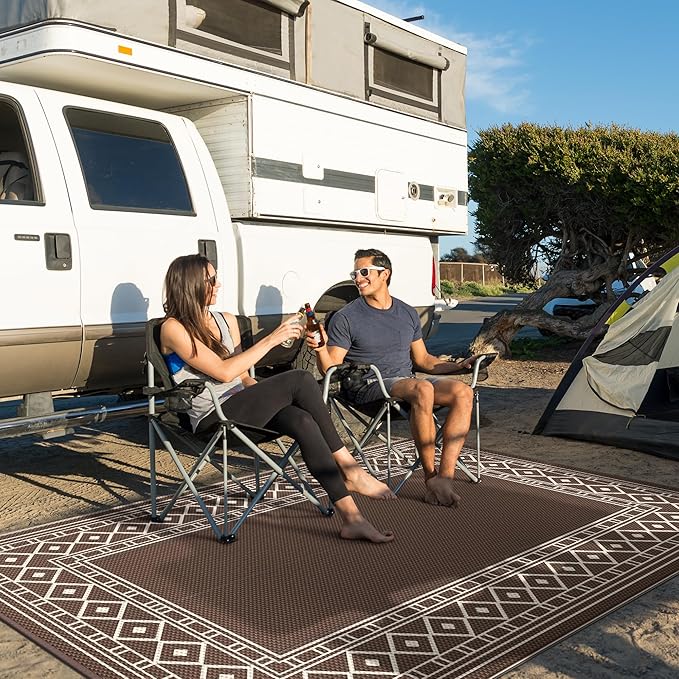 GENIMO Outdoor Rug Waterproof for Patio, 9'x12' Foldable Reversible Plastic Straw Carpet for Travel Trailers, Outside Area Mat for Rv, Deck, Picnic, Porch, Camper, Balcony, Beach, Coffee & Beige-HomvellaHome