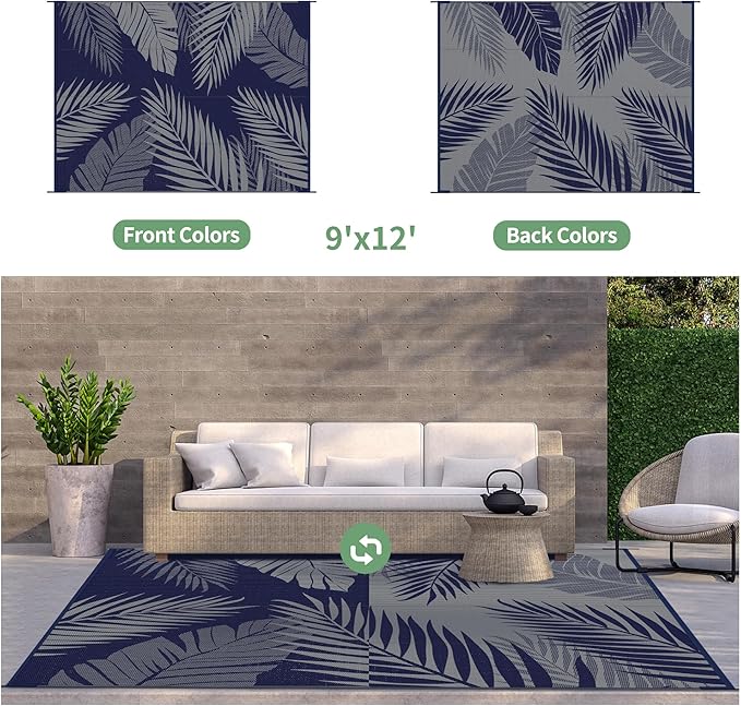 GENIMO Outdoor Rug 9' x 12' Waterproof for Patios Clearance, Reversible Outdoor Plastic Straw Camping Rug Carpet, Large Area Rugs Mats for RV, Camper, Deck, Balcony, Porch, Beach, Navy Blue&Grey-HomvellaHome