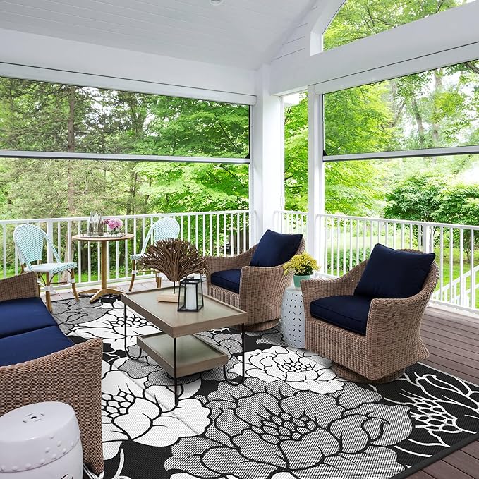 GENIMO Outdoor Rug Waterproof for Patio Decor, 9' x 12' Reversible Plastic Straw Floral Camping Carpet, Large Area Rugs Mats for RV, Camper, Deck, Balcony, Porch, Beach, Picnic, Mix-Black & White-HomvellaHome