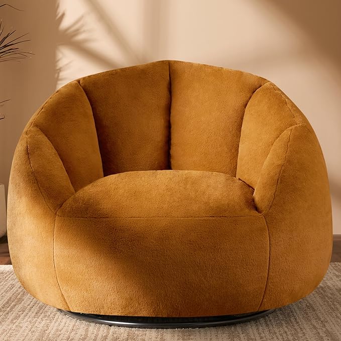 Giant Bean Bag Swivel Chair for Adults - Comfy Plush Round Shell Soft Accent Chair, Oversized Cozy Floor Sofa for Living Room, Bedroom & Game Rooms, Orange-HomvellaHome