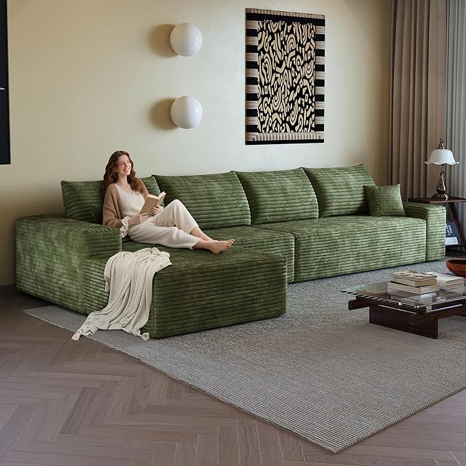 108" Sectional Couches for Living Room Modern Modular Sofa with L-Shape Couchs Upholstered Boneless Couch Deep Seat Sectional Couch with Chaise (Green, Left Facing Chaise+3Seaters)-HomvellaHome