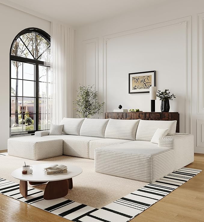 136" Sectional Couches for Living Room Modern Modular Sofa with L-Shape Couchs Upholstered Boneless Couch Deep Seat Sectional Couch with Chaise (White, Right Facing Chaise+3Seaters+Ottoman)-HomvellaHome