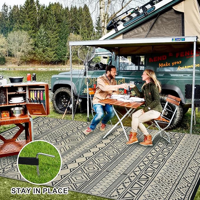 GAOMON Outdoor Rug Waterproof 8'x10', Reversible Outdoor Plastic Straw Rug, Boho Patio Rug, Indoor Outdoor Carpet, RV Mat Outside for Patio, Camp, Picnic, Balcony, Deck, Black/Coffee(Bohemia)-HomvellaHome