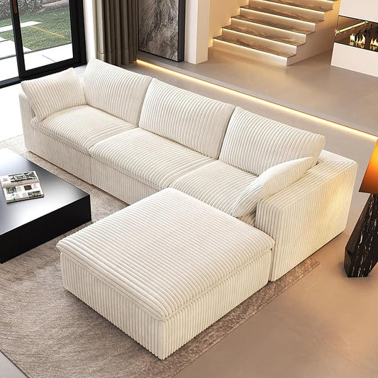 118" L Shaped Modern Sofa Modular Sectional Cloud Couch with Ottoman,Deep Seat Upholstered Couches with Plush Corduroy Fabric for Living Room Furniture,Bedroom and Apartment,No Assembly Required,White-HomvellaHome