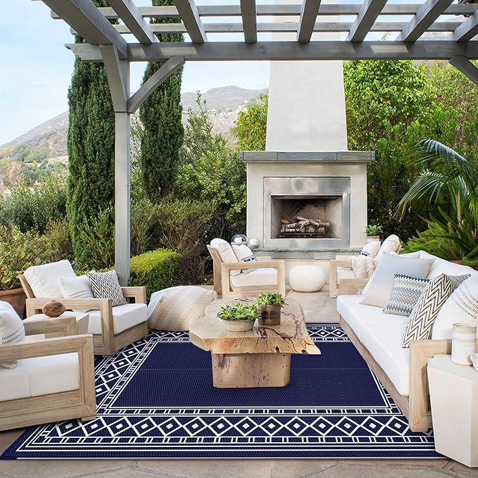 GENIMO Outdoor Rug Waterproof for Patio Decor, 8'x10' Foldable Reversible Plastic Straw Carpet for Travel Trailers, Outside Area Mat for Rv, Deck, Picnic, Porch, Camper, Balcony, Beach, Blue & White-HomvellaHome