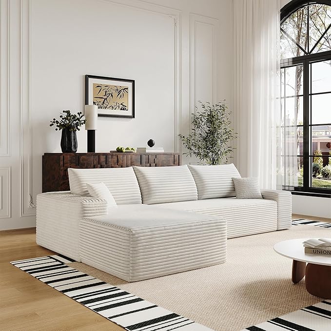 108" Sectional Couches for Living Room Modern Modular Sofa with L-Shape Couchs Upholstered Boneless Couch Deep Seat Sectional Couch with Chaise (White, Left Facing Chaise+2Seaters)-HomvellaHome