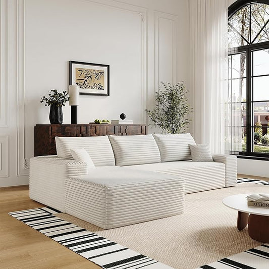 108" Sectional Couches for Living Room Modern Modular Sofa with L-Shape Couchs Upholstered Boneless Couch Deep Seat Sectional Couch with Chaise (White, Left Facing Chaise+2Seaters)-HomvellaHome