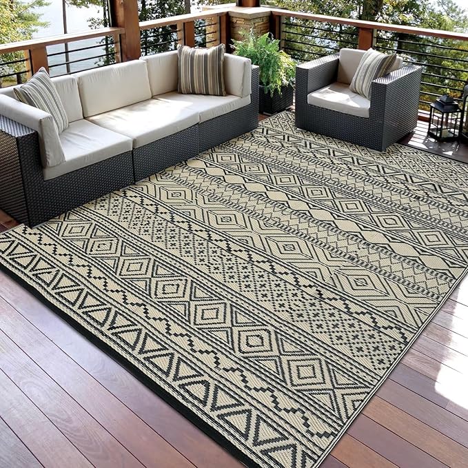 GAOMON Outdoor Rug for Patio Clearance 5x8 Reversible Plastic Straw Patio Rug for Camping Stain & UV Resistant RV Mats for Porch, Deck, Backyard, Camper, Balcony, Picnic, Black&Brown-HomvellaHome