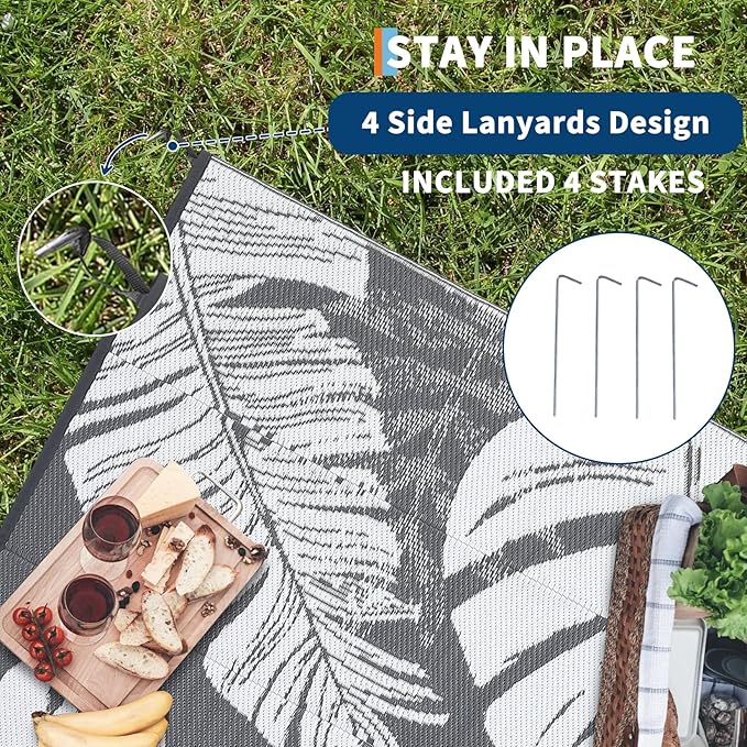 GAOMON Outdoor Rug Waterproof 9x12 Outdoor Plastic Straw Rug for Patio, Reversible Modern Camping Mat with Bag & Stakes, UV Resistant & Easy to Clean Carpet for RV, Deck, Balcony, Grey-HomvellaHome