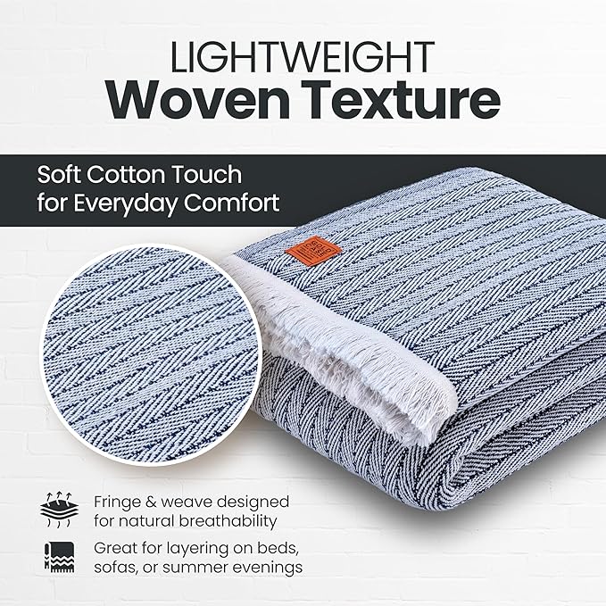Gold Case Throw Blanket for Bed – 100% Recycled Turkish Cotton Bed Blanket – Decorative Throw Cotton Blankets for Living Room & Bedroom – Vintage Navy Blue Woven Queen Blankets – 90x90-HomvellaHome