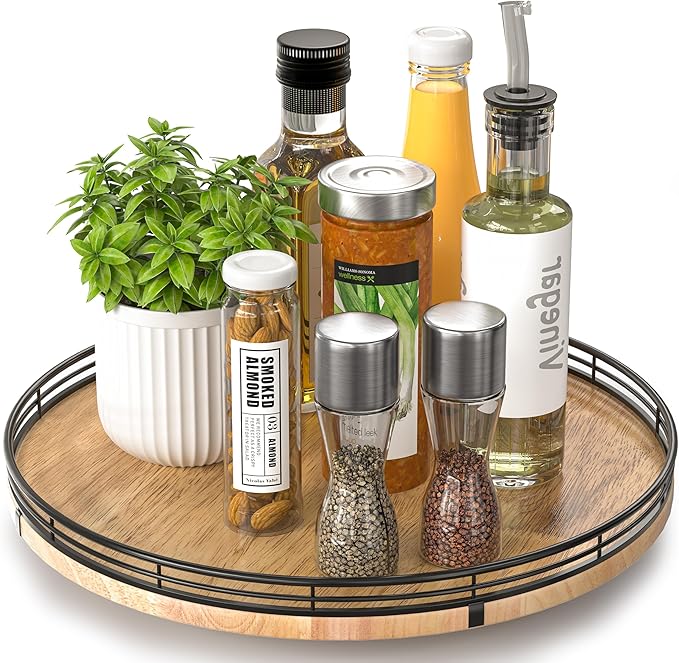 13" Lazy Susan Oak Wood Turntable Organizer for Cabinet, Farmhouse Round Wooden Lazy Susan Organization and Storage for Dining Table, Pantry, Kitchen, Bathroom, Countertop, Cupboard, Home Decor-HomvellaHome