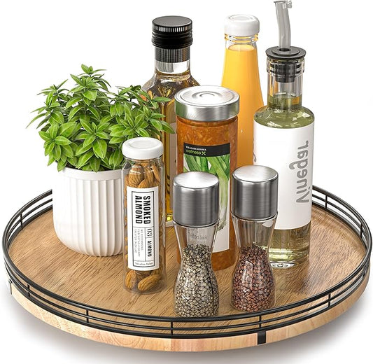 13" Lazy Susan Oak Wood Turntable Organizer for Cabinet, Farmhouse Round Wooden Lazy Susan Organization and Storage for Dining Table, Pantry, Kitchen, Bathroom, Countertop, Cupboard, Home Decor-HomvellaHome