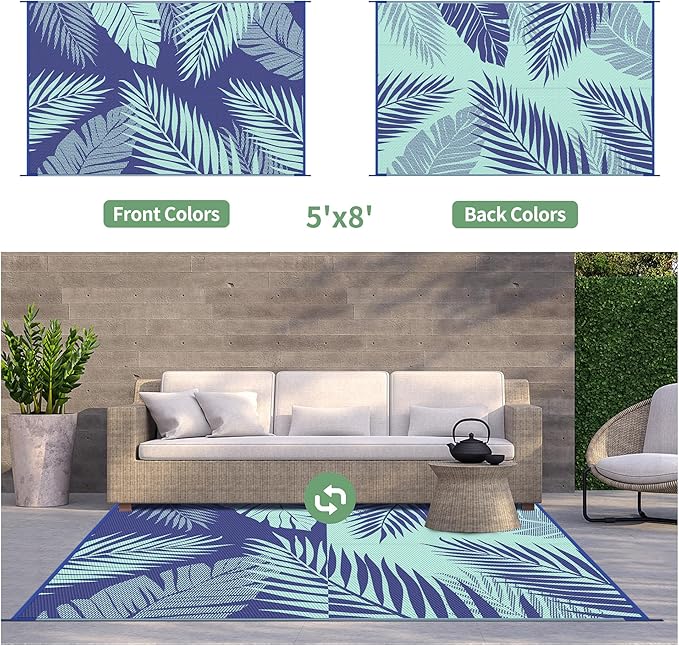 GENIMO Outdoor Rug 5' x 8' Waterproof for Patios Clearance, Reversible Outdoor Plastic Straw Camping Rug Carpet, Large Area Rugs Mats for RV, Camper, Deck, Balcony, Porch, Beach, Royal Blue&Blue Green-HomvellaHome