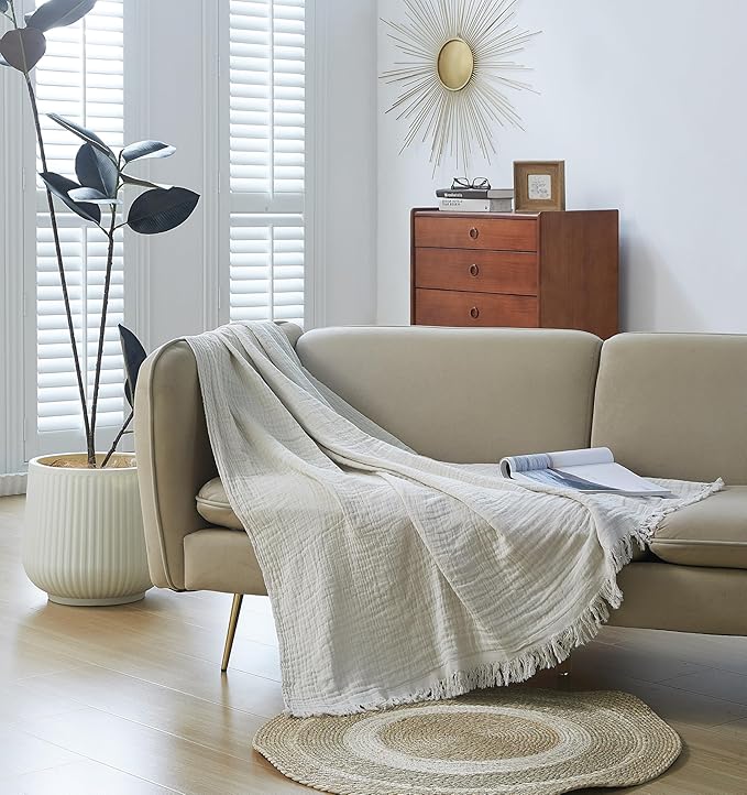 100% Cotton Muslin Throw Blanket for Bed, Couch, Small, Decorative, Soft, Pre-Washed, Breathable and Lightweight Gauze Blanket with Fringes, Suitable for All Seasons, Linen Grey, 50"x60"-HomvellaHome