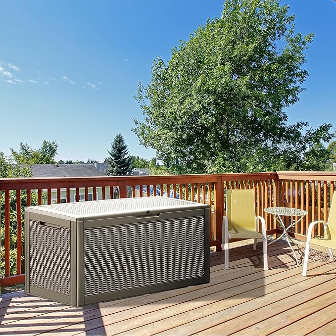 100 Gallon Lockable Resin Deck Box, Waterproof & UV-Resistant Outdoor Storage Box for Outdoor Cushion Storage, Garden Tools & Pool Accessories Storage, Gray-HomvellaHome