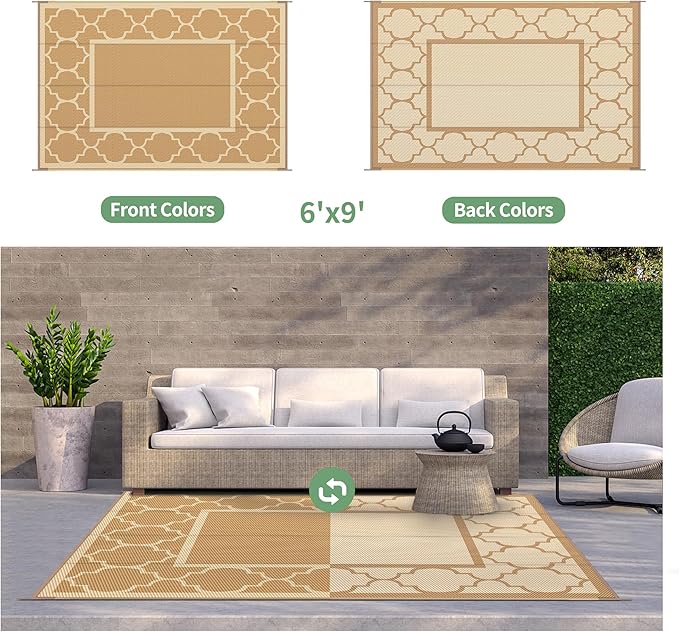GENIMO 6' x 9' Outdoor Rug Waterproof for Patio Decor, Foldable Reversible Plastic Straw Area Rugs Mat for Camper, Outside Carpet for Rv, Deck, Porch, Picnic, Beach, Balcony, Brown & Beige-HomvellaHome