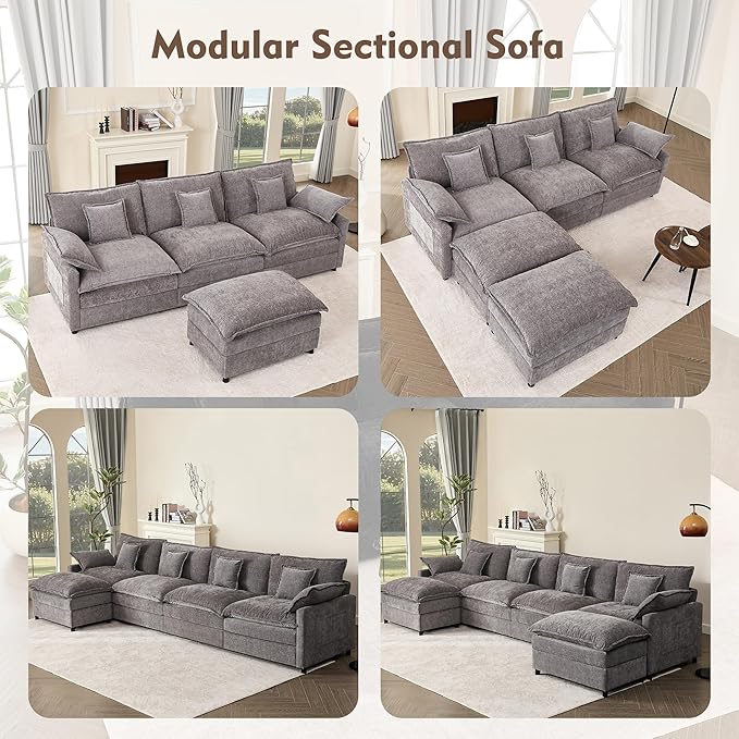 142.5" U Shaped Couch, Modular Sectional Sofa, 3-Seater Comfy Cloud Couch with Movable Ottoman, Deep Seat Couches for Living Room, Chenille, Slate-HomvellaHome