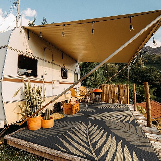 GENIMO Outdoor Rug 10' x 20' Waterproof for Patios Clearance, Reversible Outdoor Plastic Straw Camping Rug Carpet, Large Area Rugs Mats for RV, Camper, Deck, Balcony, Porch, Beach, Picnic, Black&Brown-HomvellaHome
